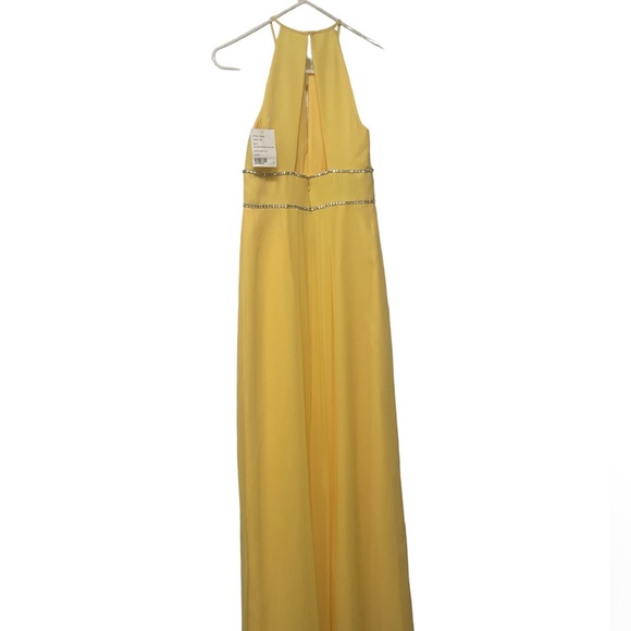 Jenny Packman Lux Chiffon Halter Yellow Lemon Drop Maxi Dress w/Beaded Trim Sz0 - Picture 3 of 5